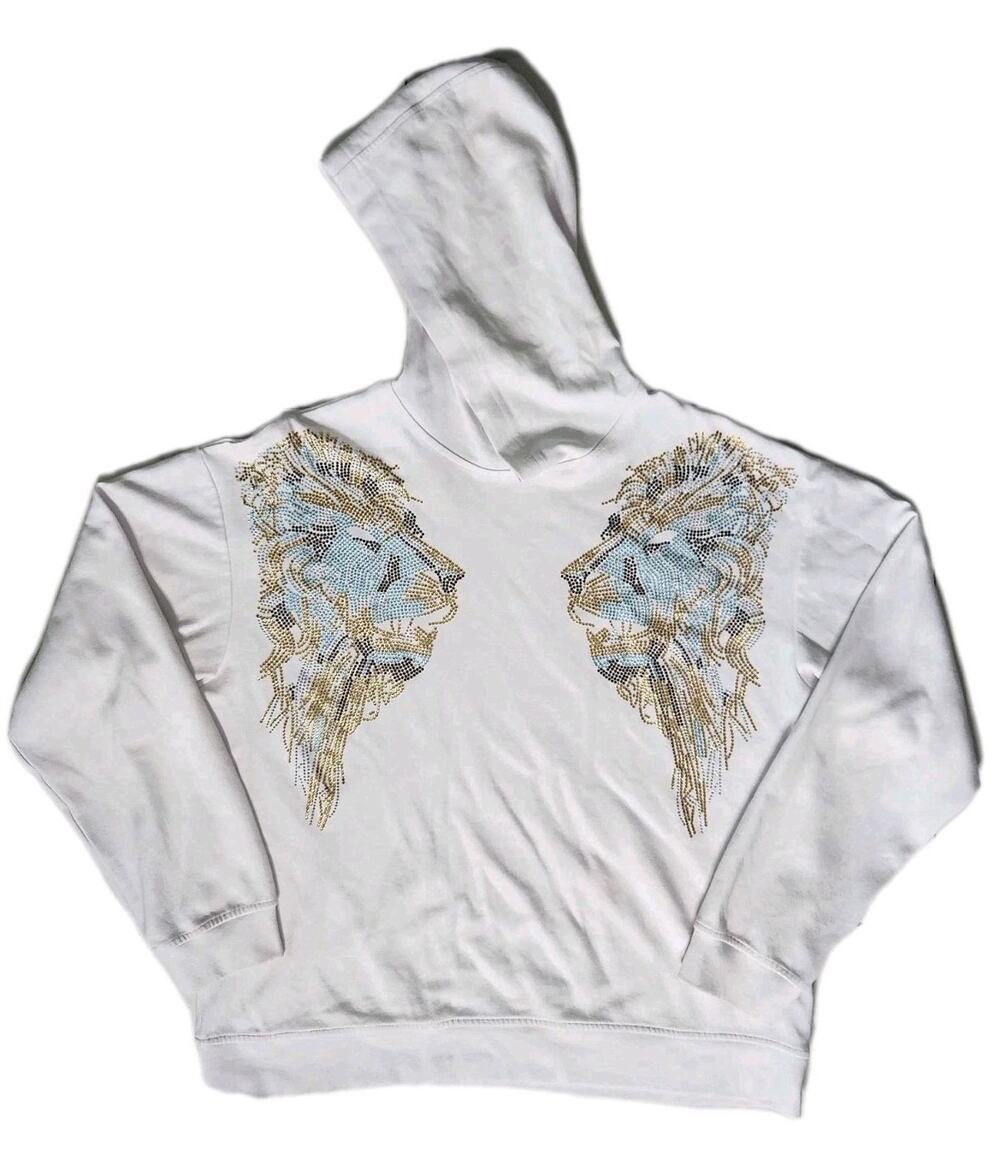 Heads Or Tails White Bling Rhinestone Lion heads Hoodie Size XL